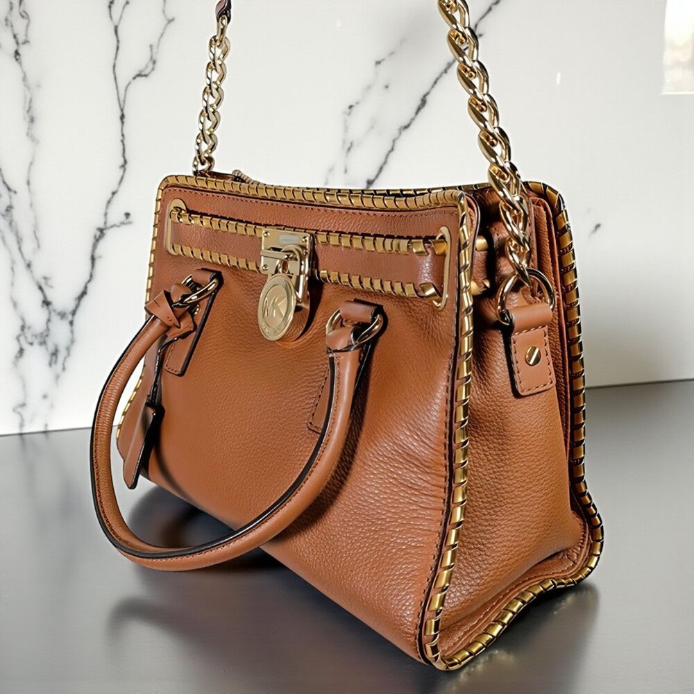 Michael Kors Hamilton Rich Brown Gold Chain Satchel Quiet Luxury Like New - Picture 14 of 16